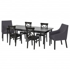 Стіл і 6 стільців IKEA INGATORP / INGOLF чорний темно-сірий 155/215x87 см (092.857.01)