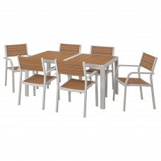 Стіл і 6 крісел з підлокітниками IKEA SJALLAND сад балкон світло-коричневий світло-сірий 156x90 см (192.651.99)