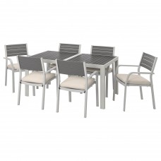 Стіл і 6 крісел з підлокітниками IKEA SJALLAND сад балкон темно-сірий бежевий 156x90 см (592.664.46)